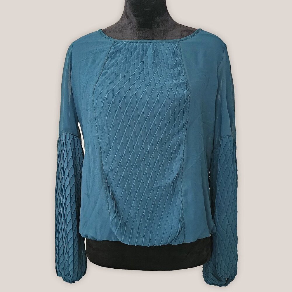STUDIO M Vintage Teal Blouson Sleeve Blouse w/ Diamond Pleats Boho Bohemian Top